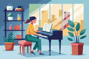 Woman playing piano in a stylish apartment overlooking a city skyline a vibrant graphic design perfect for music websites home decor and lifestyle branding