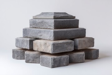 Stacked rectangular gray stone blocks of varying sizes form a pyramid shape on a seamless white background