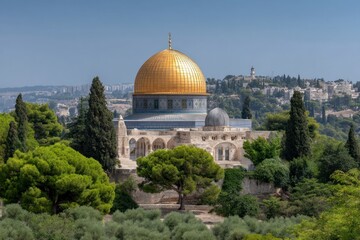 Obraz premium The Dome of the Rock is centered showing its golden dome the surrounding green trees buildings The sky is clear blue