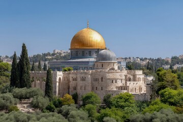 Obraz premium The Dome of the Rock in Jerusalem topped with a golden dome stands behind stonework structures amid greenery under a bright clear sky
