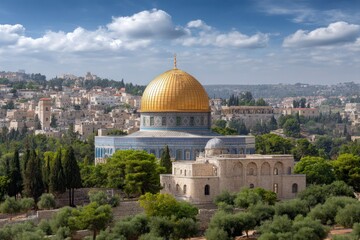 Obraz premium The Dome of the Rock shines with its golden dome over stone buildings and green trees Sky is blue with scattered white clouds
