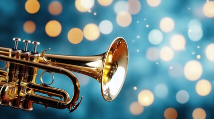 A close-up shot of a gleaming trumpet against a blurred background of soft bokeh lights, evoking a sense of musical artistry and the joy of live performances in an artistic setting.