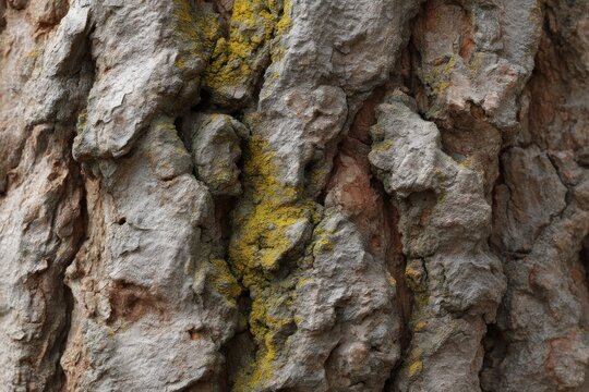 Textured bark of a tree predominantly gray with patches of yellow moss showing deep furrows and ridges - Powered by Adobe