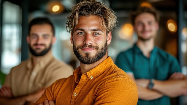Three young men smile confidently in a stylish cafe setting, radiating positivity and camaraderie, highlighting friendship and modern social environments in a relaxed atmosphere. - Powered by Adobe