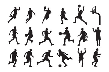Collection of black silhouettes of basketball players in action poses