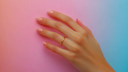 simple gold ring on slender fingers with soft pastel pink and blue background