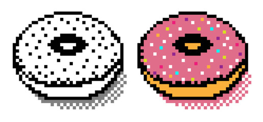 Donut pixel 3d isometric black white and color vector style for decoration, pattern, menu