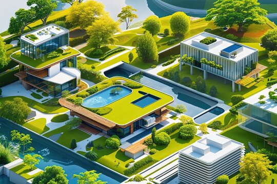 Stunning 3D Illustration of Sustainable Architecture and Eco-Friendly Design Highlighting Nature and Contemporary Buildings