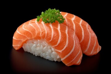 Two salmon sushi pieces on a black background garnished with a sprig of parsley