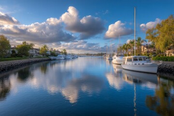Waterway scene with boats docked along canals reflecting cloudy sky Houses and palm trees line the banks