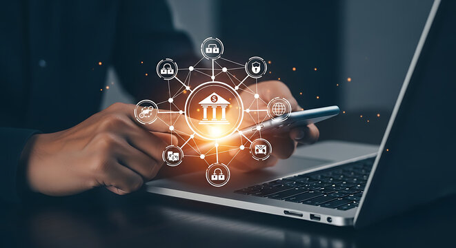 Person using laptop and smartphone with banking security and financial technology icons