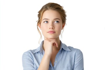 Woman in a blue striped shirt looking up with her hand on her chin