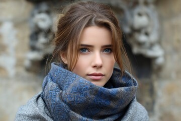Woman in scarf against blurred stone facade