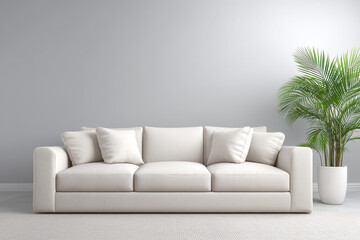 Serene modern modular home interior with white sofa living room plant. peaceful and contemporary design for comfort