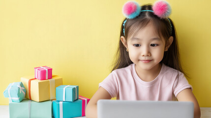 Happy Asian girl enjoys online shopping for trendy gift using laptop preparing for checkout with smile feeling joy