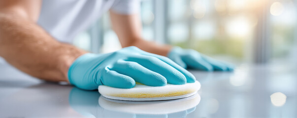Professional housekeepers dedicated to maintenance cleaning. focused routine involves gloved hand using sponge on surface ensuring optimal hygiene and cleanliness