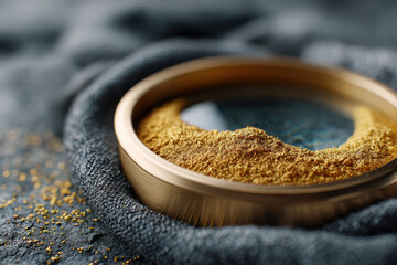 Gold dust scattered on shiny surface in macro view creates luxurious and elegant atmosphere with fine texture and sparkling particles in close up detail