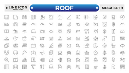 Roof Outline icons set. Construction and roofing repair of the roof of the house. Property and characteristics of different types of roofs. Layers of materials. Editable stroke outline icon.  © artshuvo
