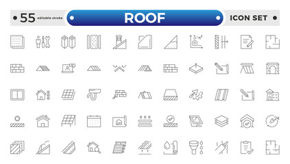 Roof Outline icons set. Construction and roofing repair of the roof of the house. Property and characteristics of different types of roofs. Layers of materials. Editable stroke outline icon. 