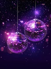 Two purple disco balls hang, glittery, in a dark night sky