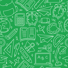 Seamless pattern with school icons hand drawn doodle set