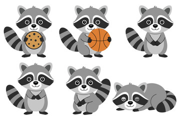 Six Adorable Cartoon Raccoons with Cookie and Basketball