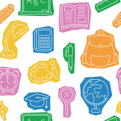 Seamless pattern back to school hand drawn doodle sticker set