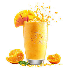 A vibrant mango smoothie in a glass with mango garnish and orange slices on a black background on transparent background