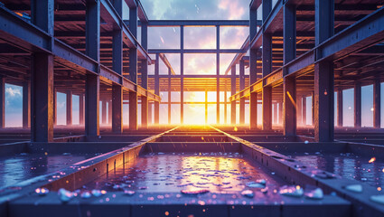 Architectural structure perspective render showing the construction framework with sunset background and reflections