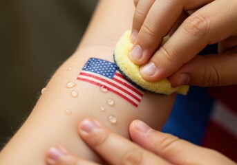 Applying a Temporary Flag Tattoo on a Child's Arm a Fun Activity for a 4th of July Celebration