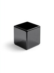 A sleek, black, highly polished cube casts a subtle shadow on a white background.  Its smooth surface reflects light minimally