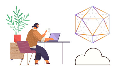 Woman at desk working on laptop with cloud storage concept and 3D geometric shape. Ideal for remote work, data analysis, tech innovation, cloud solutions, modern workspace, visualization, simple flat
