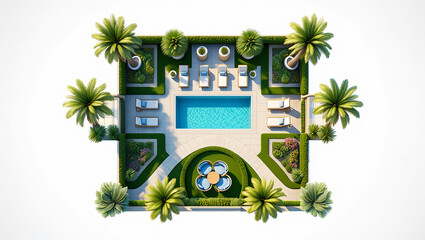 Exquisite Tropical Oasis: A Luxurious Backyard Retreat with Sparkling Pool, Lush Greenery, and Elegant Lounging Areas for Ultimate Relaxation