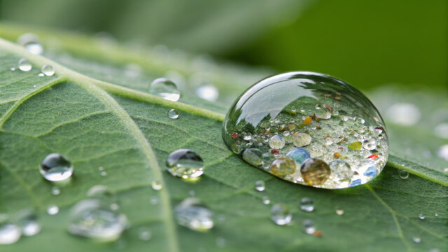 Microplastic polluted. Water droplet leaf microplastic pollution green nature closeup environmental
