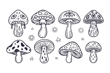 Goblincore Magic Mushroom Clipart. Hand Drawn Mystical Toadstools with Eyes, Stars, and Flowers in Boho Style Clipart Vector Illustration