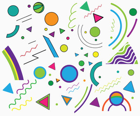Obraz premium collection of geometric shapes—circles, triangles, arcs, zigzags, and curved lines—in bright, bold colors scattered across a white background. 