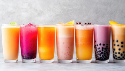 Colorful array of chilled beverages in tall glasses