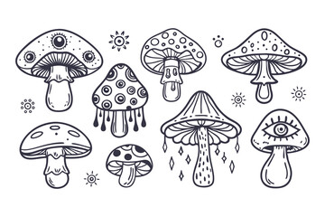 Goblincore Magic Mushroom Clipart. Hand Drawn Mystical Toadstools with Eyes, Stars, and Flowers in Boho Style Clipart Vector Illustration