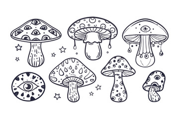 Goblincore Magic Mushroom Clipart. Hand Drawn Mystical Toadstools with Eyes, Stars, and Flowers in Boho Style Clipart Vector Illustration
