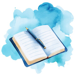 Watercolor notebook and pen on transparent background creative workspace artistic inspiration blue color palette