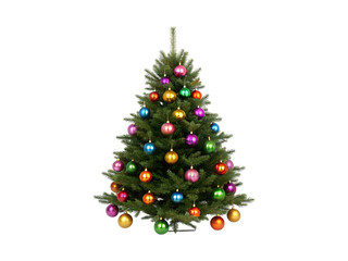 Festive Christmas Tree Adorned with Colorful Ornaments on a transparent background  
