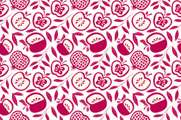 Shana Tova pattern hand drawn trendy stye for Rosh Hashanah holidays, Jewish New Year. Pomegranate, apple, leaves vector