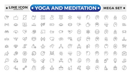Yoga and meditation Outline icon set. Wellness icon set. Containing massage, yoga, spa, relaxation, health, exercise, diet, wellbeing, meditation, aromatherapy and more. Editable stroke outline icon.
