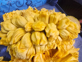Fresh ripe jackfruit. Fresh sweet jackfruit segment ready for eat. Cutting jackfruit. Fresh sweet...