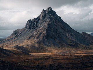 Dramatic, dark-grey mountain peak dominates a vast, muted brown and gold landscape under a brooding sky