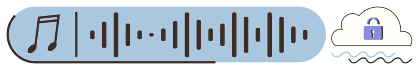 Musical note, audio waveform, cloud with lock signifying secure streaming, encryption, and cloud storage. Ideal for data protection, music apps, secure sharing, privacy technology internet