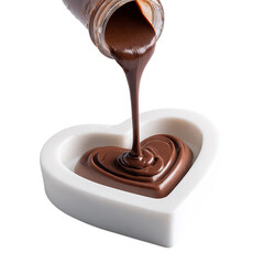 Pouring chocolate into heart shaped mold for valentines day dessert recipe making sweet treat food...
