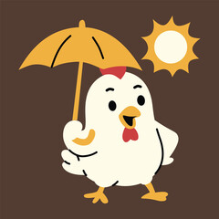 Chicken Using Umbrella Under The Sun