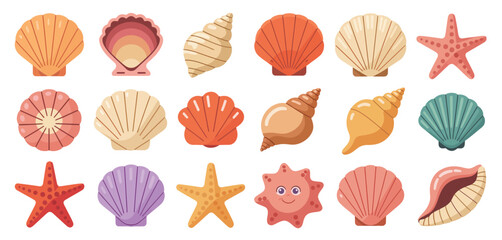 Collection of Cute Cartoon Seashells and Starfish