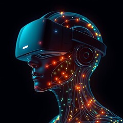 Abstract 3D illustration of a futuristic cyborg robot head with human-like features, blending technology and anatomy into a sleek, metallic design